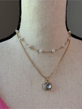 Ann Taylor Gold-Tone Layered Pearl and Crystal Pendant Necklace